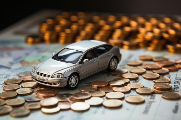 Calcolo dei costi dell'auto Il tavolo bianco ospita le monete del modello dell'auto e la disposizione della calcolatrice