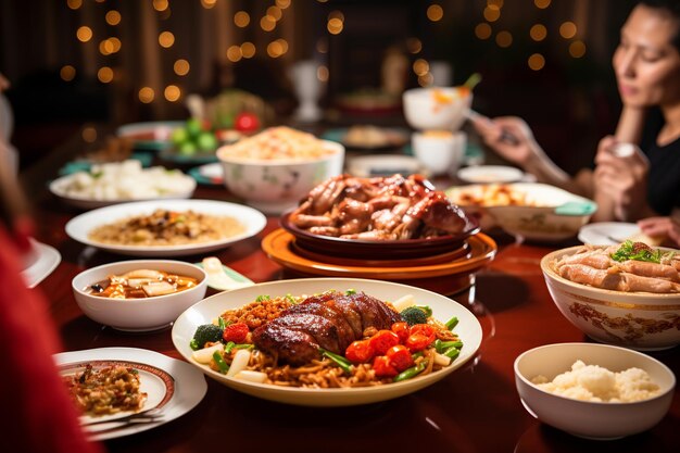 Calda cena di ricongiungimento familiare con piatti tradizionali del Capodanno cinese