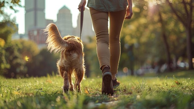 Calda passeggiata al tramonto con un cane peloso nel parco