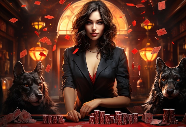 Calda ragazza al tavolo che gioca a poker in un casinò fantasy