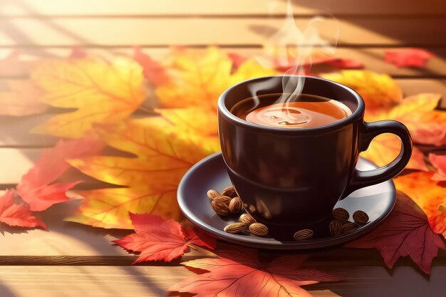 Calda tazza di caffè fumante sul fondo della tavola in legno in autunno
