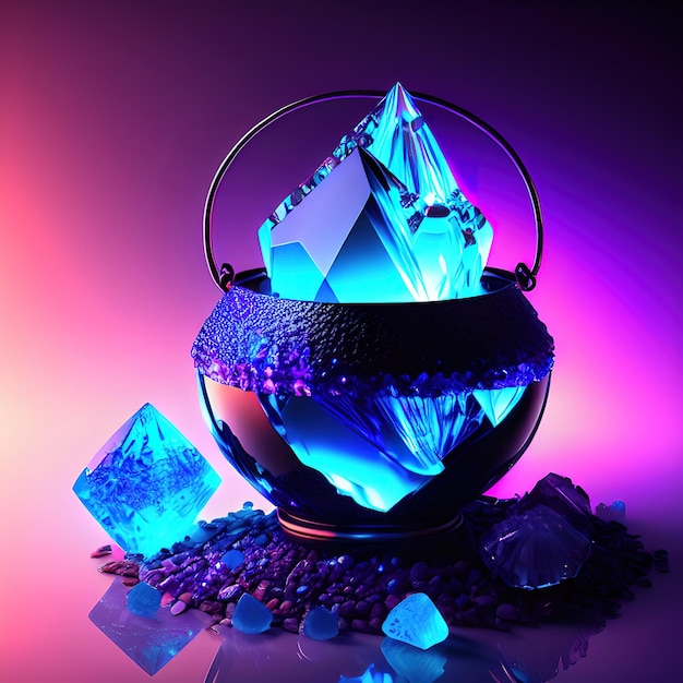 Calderone fatto di cristalli blu profondo illuminazione
