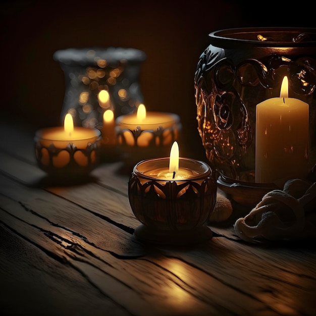 Caldo bagliore di lume di candela sulla superficie in legno