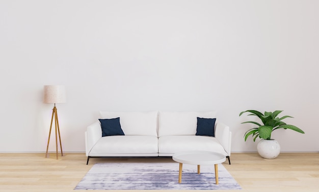 Caldo soggiorno con divano bianco con cuscini blu scuro, lampada moderna bianca, pianta, tavolino. Soggiorno arredato con pareti bianche e pavimento in legno. Illustrazione 3D