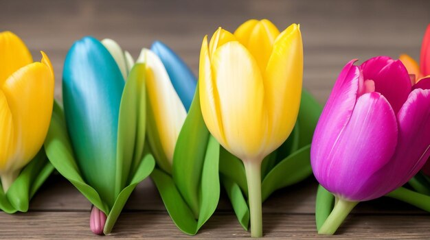 Caleidoscopio di tulipani Sei tulipani colorati su uno sfondo di legno Ballando con vivacità