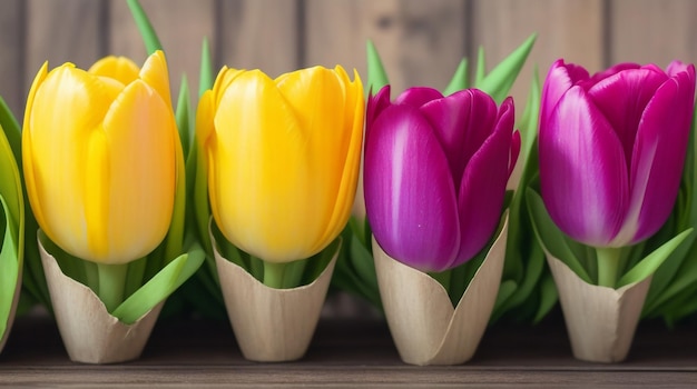 Caleidoscopio di tulipani Sei tulipani colorati su uno sfondo di legno Ballando con vivacità