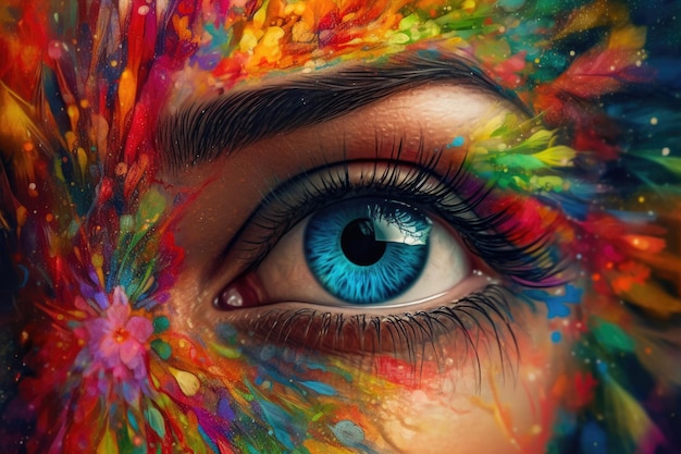 Caleidoscopio vibrante L'intelligenza artificiale generativa dell'occhio arcobaleno di una donna