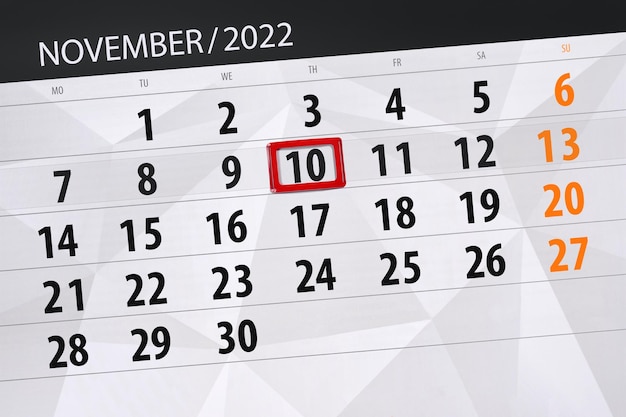 Calendario 2022 scadenza giorno mese pagina organizzatore data novembre giovedì numero 10