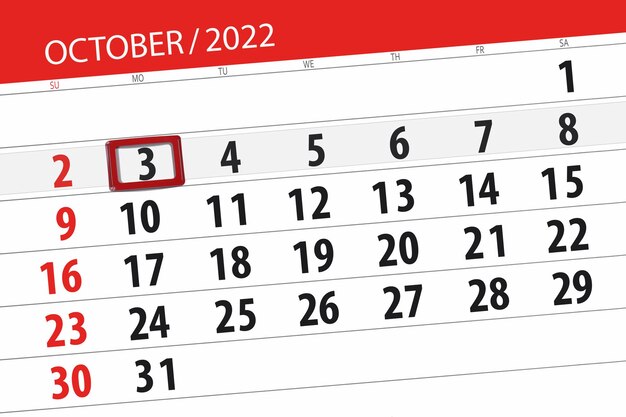 Calendario 2022 scadenza giorno mese pagina organizzatore data ottobre lunedì numero 3