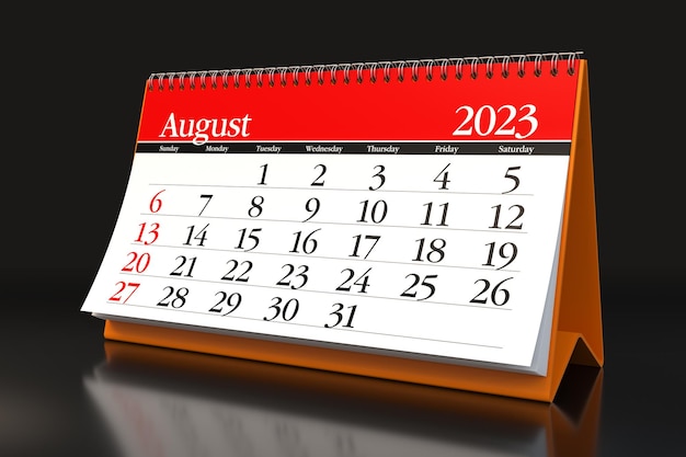 Calendario agosto 2023 isolato su sfondo nero Illustrazione 3D