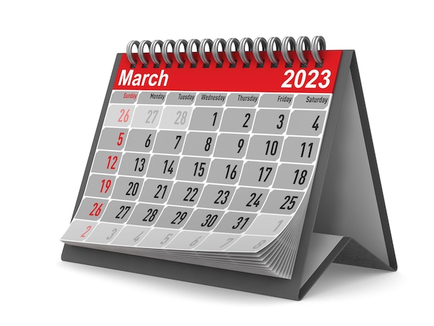 Calendario anno 2023 per illustrazione 3D isolata di marzo