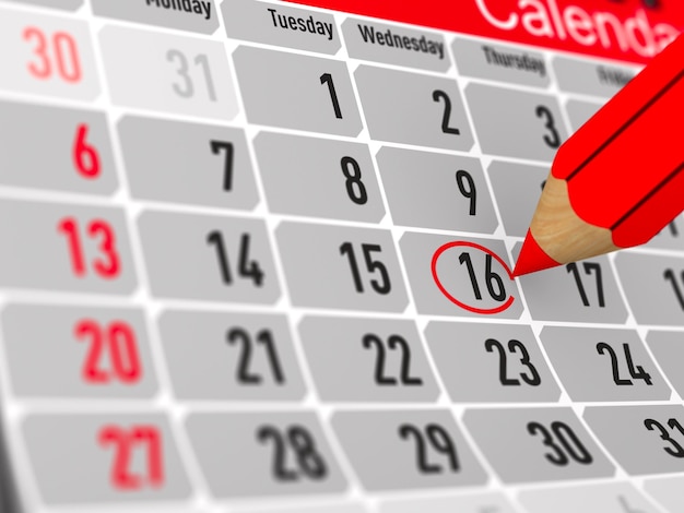 Calendario con data annotata. Isolato, rendering 3D