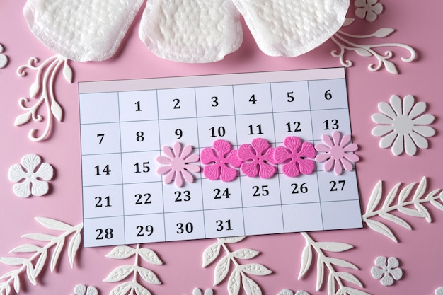 Calendario del periodo mestruale femminile decorato con fiori e con cinque giorni del ciclo scanditi