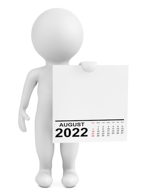 Calendario della tenuta dei caratteri agosto 2022 Rendering 3d dell'anno