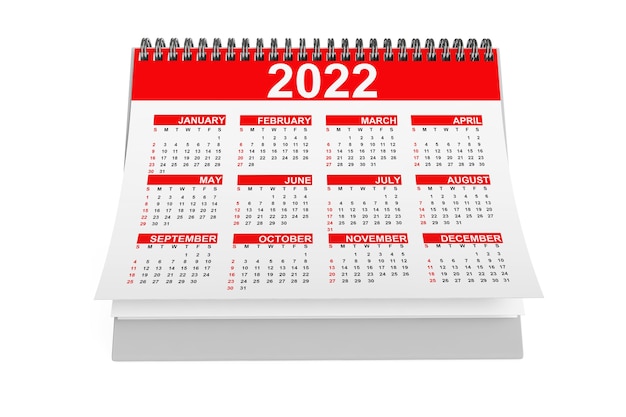 Calendario desktop anno 2022 su sfondo bianco. Rendering 3D