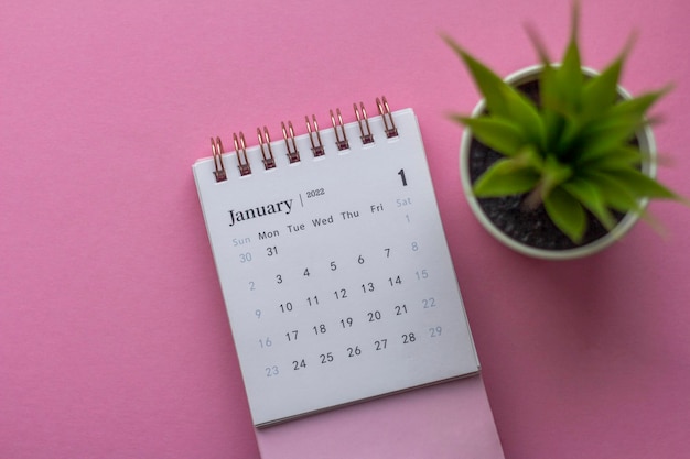 Calendario desktop per gennaio 2022 su sfondo rosa.