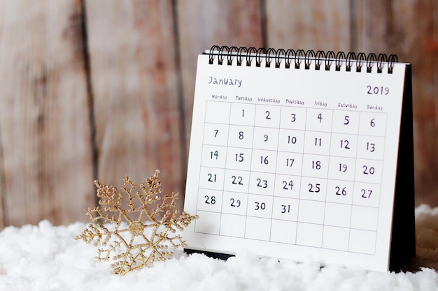 Calendario di gennaio 2019 e decorazione natalizia sulla neve