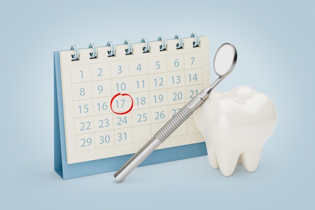Calendario di promemoria dell'appuntamento dal dentista Dente con uno specchio dentale vicino al calendario rendering 3D