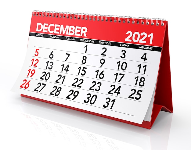 Calendario dicembre 2021. Isolato su sfondo bianco. Illustrazione 3D