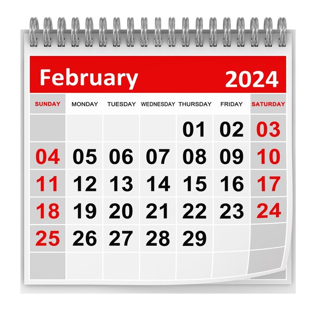 Calendario febbraio 2024 Questa è un'immagine generata dal computer in 3D isolata su bianco