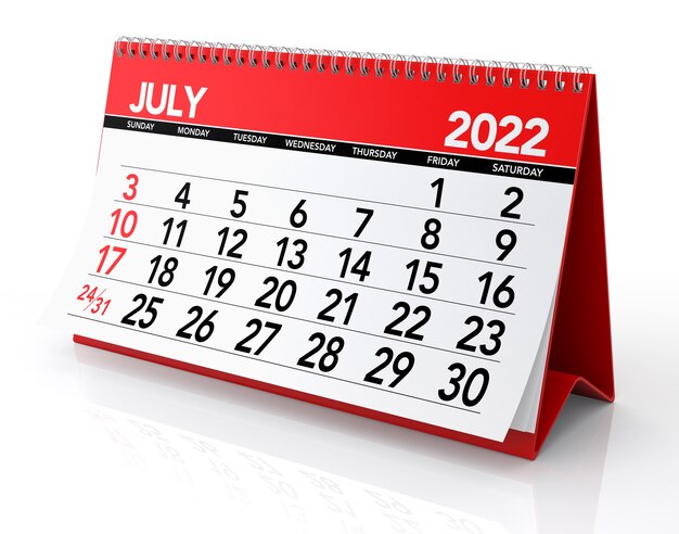 Calendario luglio 2022. Isolato su sfondo bianco. Illustrazione 3D