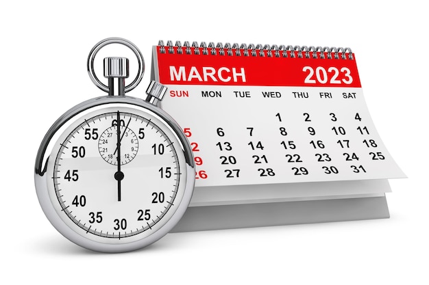 Calendario marzo 2023 anno con rendering 3d cronometro