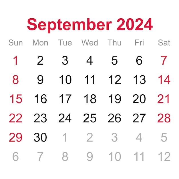 Calendario mensile di settembre 2024 su sfondo bianco