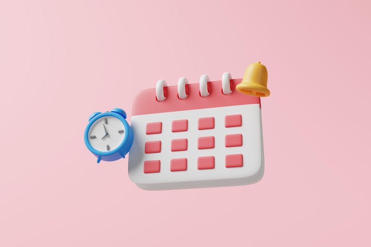 Foto calendario mensile minimo con orologio blu e icona di notifica campanello d'allarme su sfondo rosa calendario delle riunioni degli appuntamenti di lavoro pianificazione dell'agenda quotidiana del concetto di promemoria dell'evento di lavoro rendering 3d