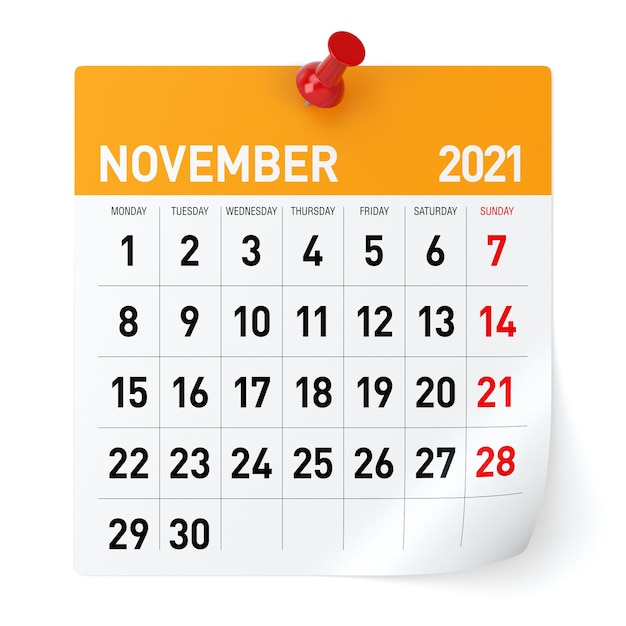 Calendario novembre 2021. Isolato su sfondo bianco. Illustrazione 3D