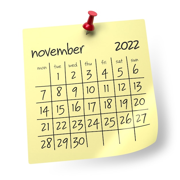 Calendario novembre 2022. Isolato su sfondo bianco. Illustrazione 3D