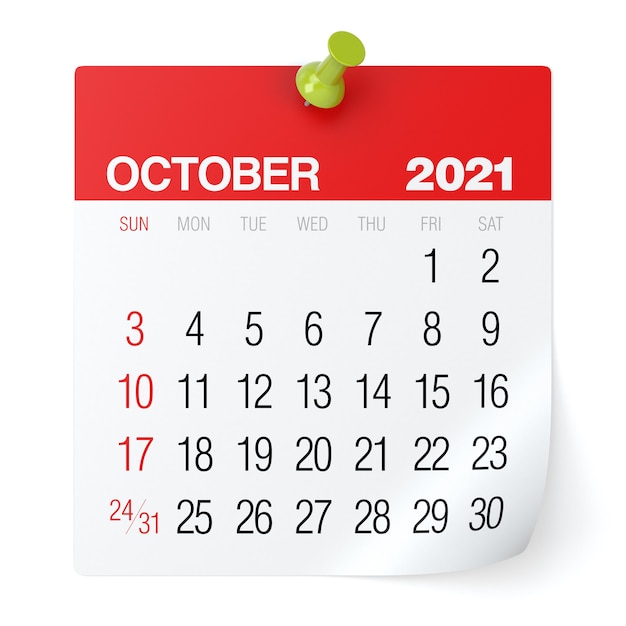 Calendario ottobre 2021. Isolato su sfondo bianco. Illustrazione 3D