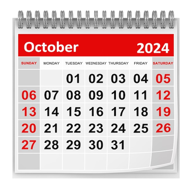 Calendario ottobre 2024 Questa è un'immagine generata dal computer in 3D isolata su bianco