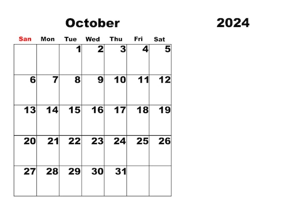 Calendario per ottobre 2024