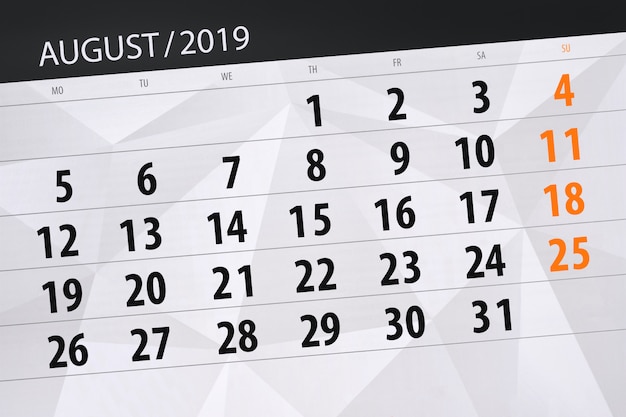 Calendario pianificatore per il mese, termine ultimo della settimana 2019 agosto