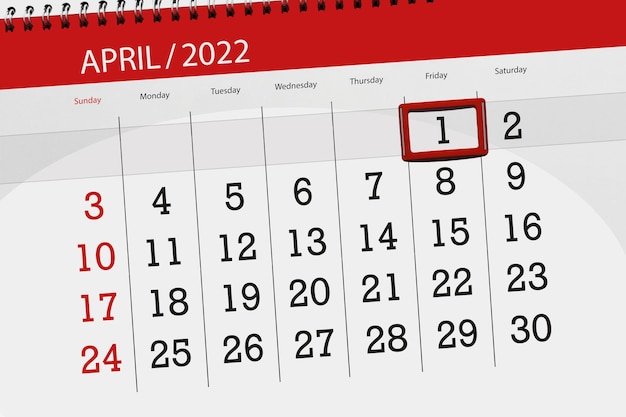 Calendario planner per il mese di aprile 2022 scadenza giorno 1 venerdì