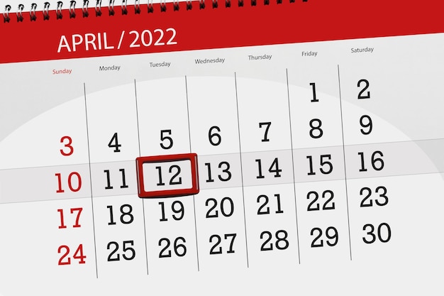 Calendario planner per il mese di aprile 2022 scadenza giorno 12 martedì