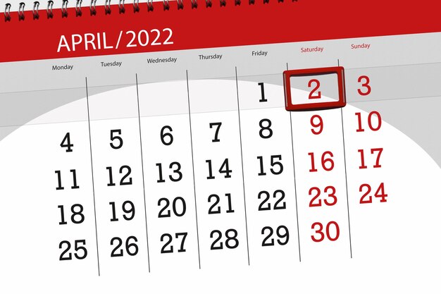 Calendario planner per il mese di aprile 2022 scadenza giorno 2 sabato