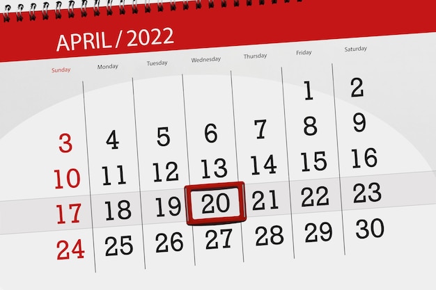 Calendario planner per il mese di aprile 2022 scadenza giorno 20 mercoledì