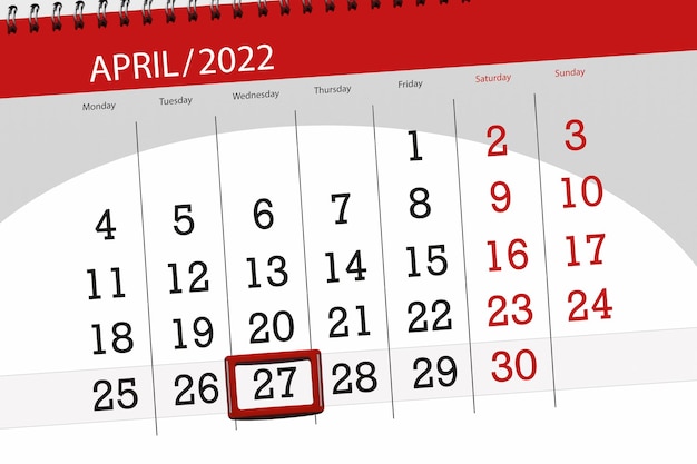 Calendario planner per il mese di aprile 2022 scadenza giorno 27 mercoledì