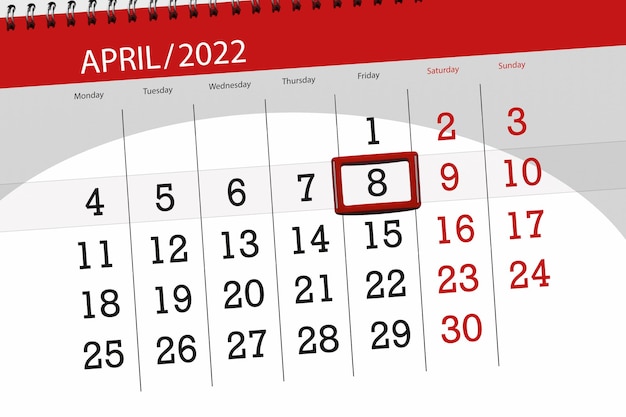 Calendario planner per il mese di aprile 2022 scadenza giorno 8 venerdì