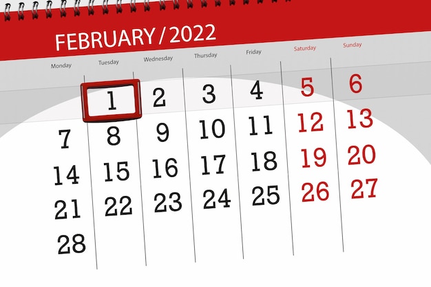 Calendario planner per il mese di febbraio 2022, giorno di scadenza, 1, martedì.