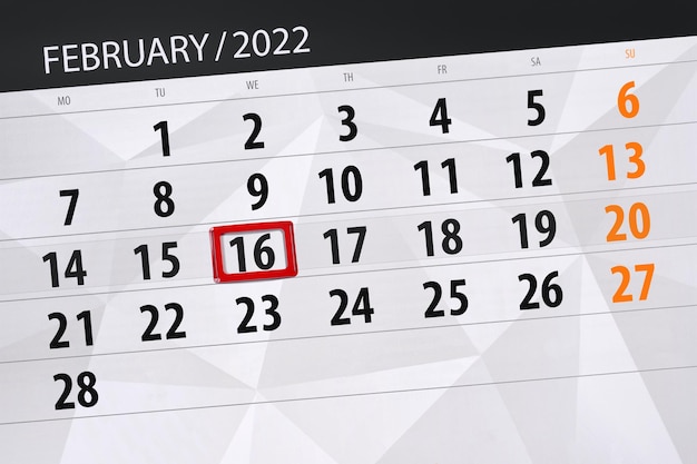 Calendario planner per il mese di febbraio 2022, giorno di scadenza, 16, mercoledì.