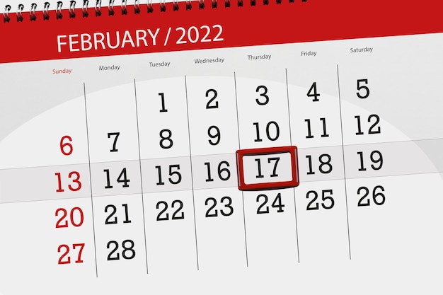 Calendario planner per il mese di febbraio 2022, giorno di scadenza, 17, giovedì.