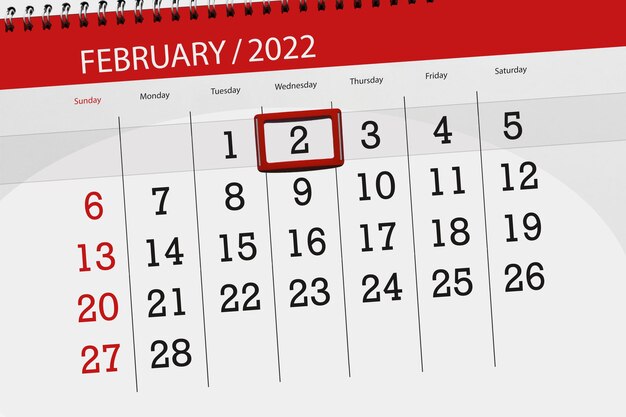 Calendario planner per il mese di febbraio 2022, giorno di scadenza, 2, mercoledì.