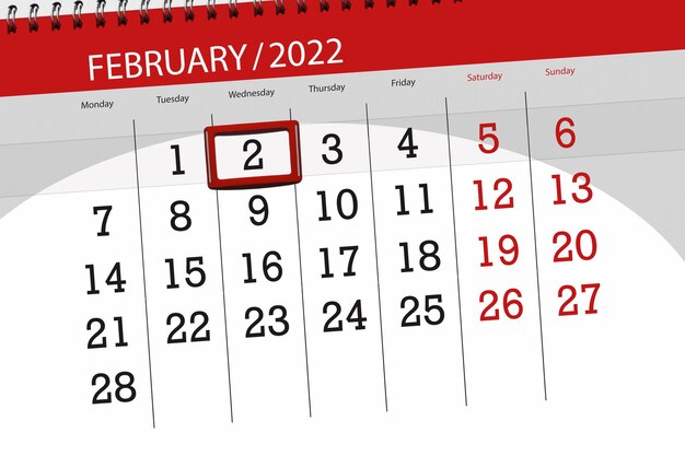 Calendario planner per il mese di febbraio 2022, giorno di scadenza, 2, mercoledì.