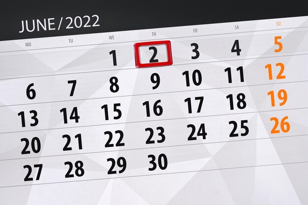 Calendario planner per il mese di giugno 2022 scadenza giorno 2 giovedì