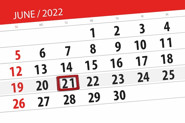 Calendario planner per il mese di giugno 2022 scadenza giorno 21 martedì