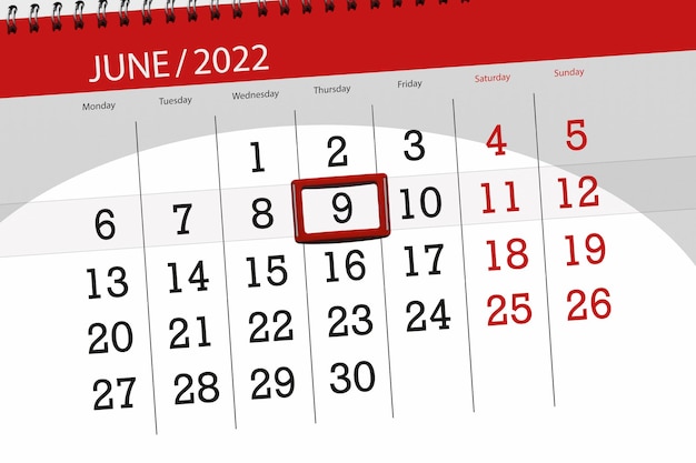 Calendario planner per il mese di giugno 2022 scadenza giorno 9 giovedì