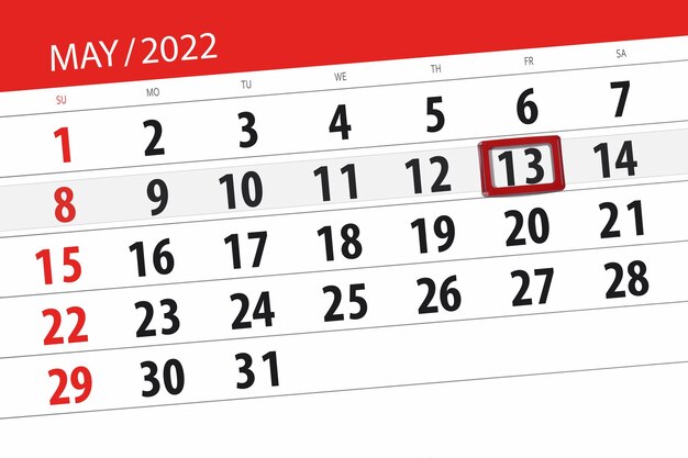 Calendario planner per il mese di maggio 2022 scadenza giorno 13 venerdì