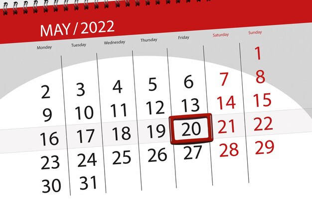 Calendario planner per il mese di maggio 2022 scadenza giorno 20 venerdì